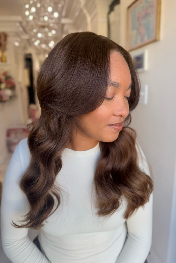 Side profile showing off Go Sleek Human Hair bundles in Light Brown